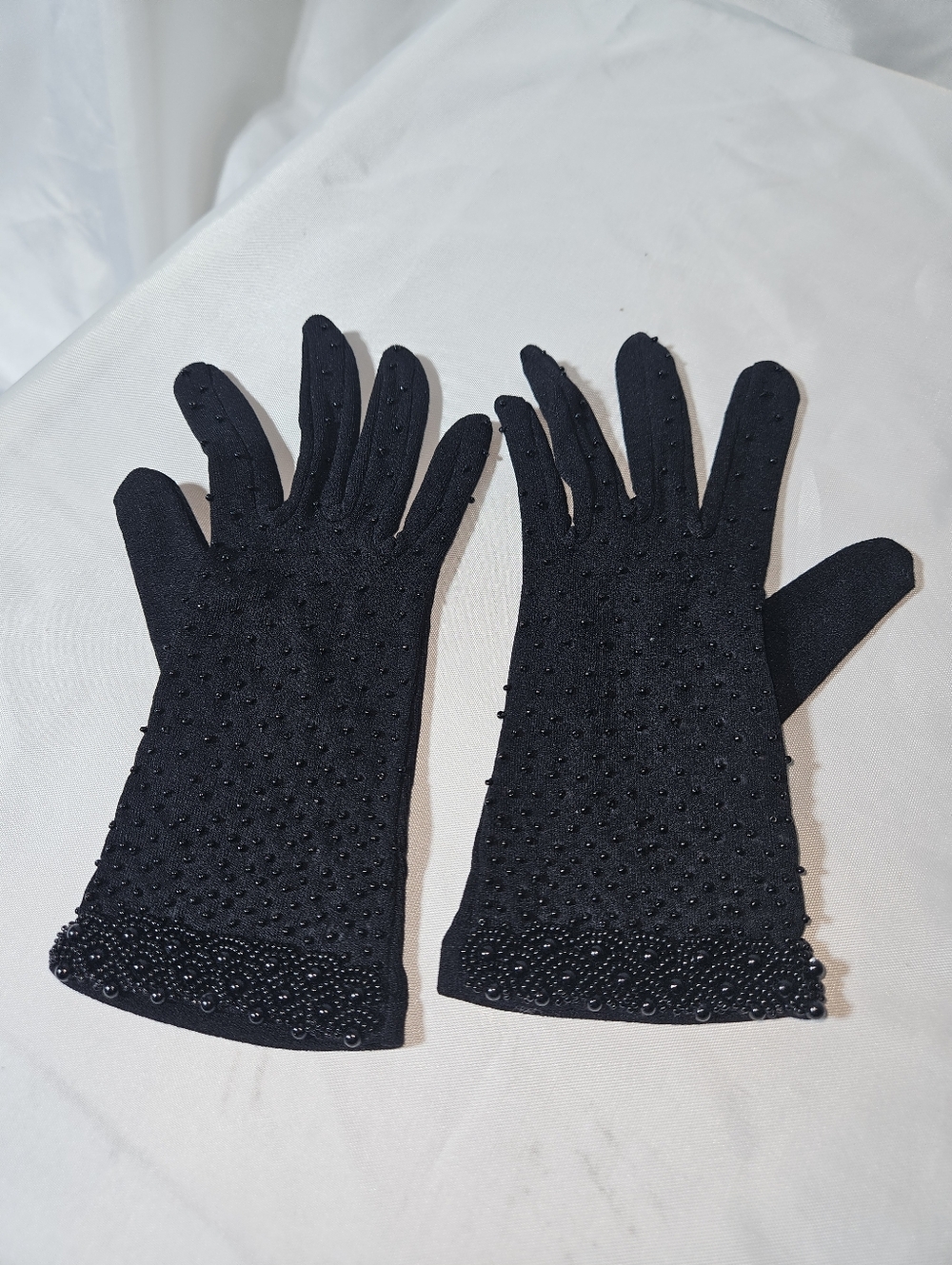 Vintage Black Beaded Formal Hand Stiched Gloves With Seed Bead Embroidery.